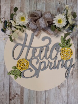 Hello Spring front door hanger, round wood wreath, front porch decor, front door hanging sign, spring floral wreath - image1